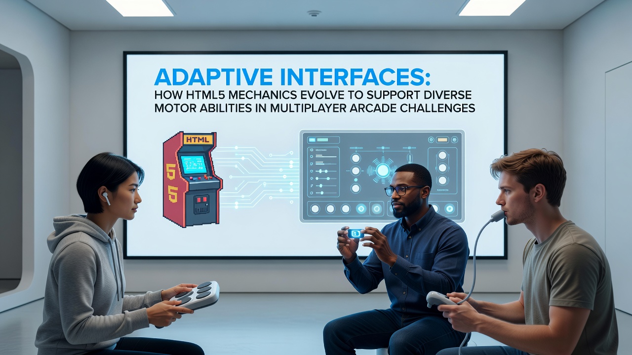 HTML5 multiplayer arcade interface showing customizable control overlays for players with varied motor abilities during a group challenge session
