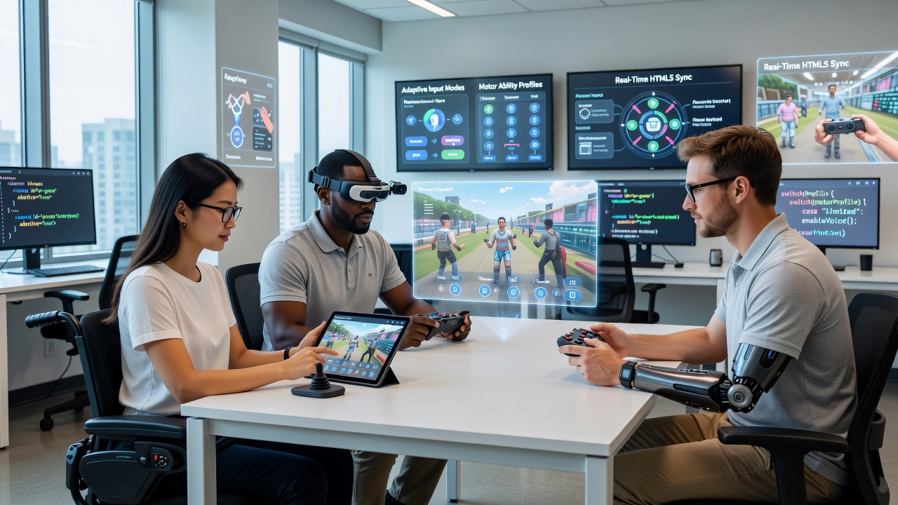 Group of players engaging in an HTML5 multiplayer arcade challenge with adaptive interface elements visible on different devices