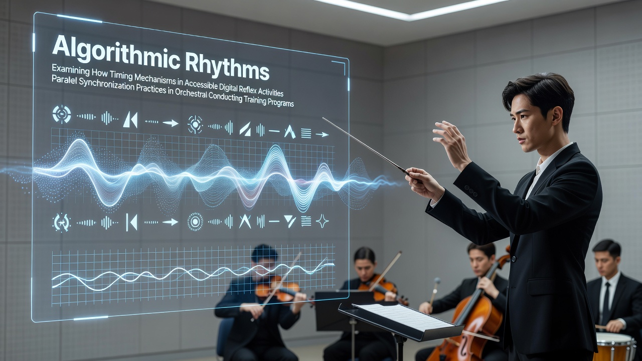 Diagram showing timing algorithms in reflex-based digital interfaces alongside conductor baton synchronization patterns