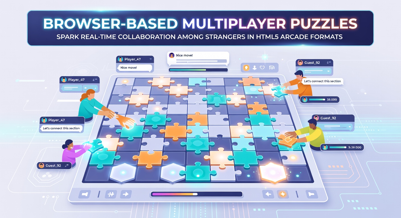 Group of online players solving an HTML5 arcade puzzle together in real time through browser windows