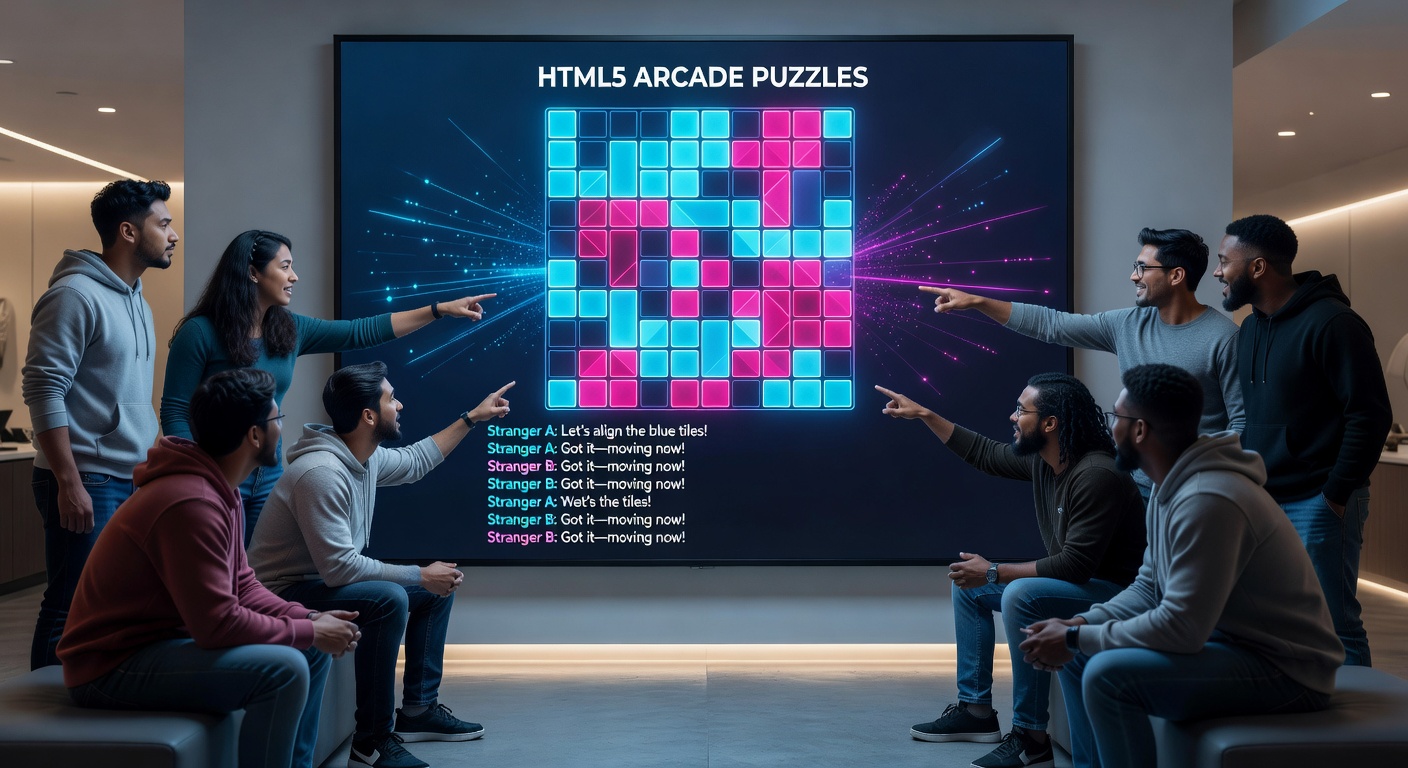 Close-up view of HTML5 arcade puzzle interface showing multiple cursors collaborating on a shared grid challenge