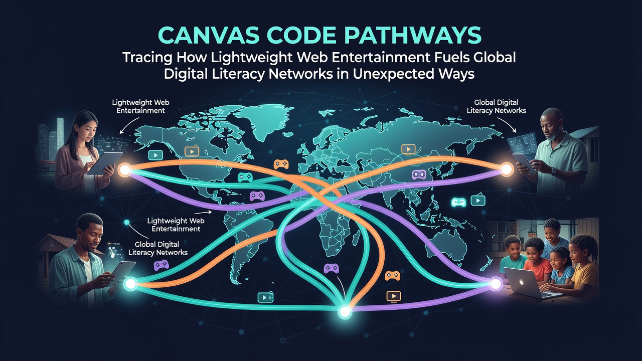 Abstract visualization of HTML5 canvas elements forming interconnected code pathways across global networks