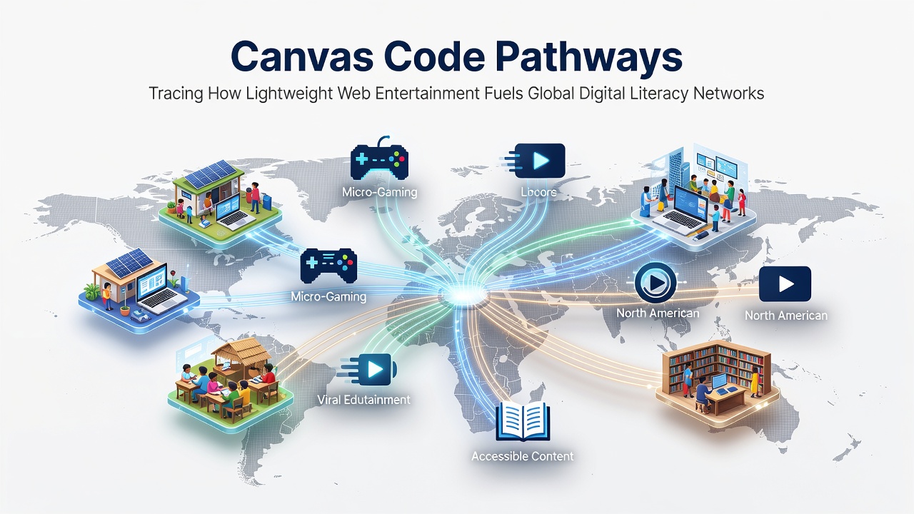 Global map overlay showing canvas code contributions linking diverse regions through shared digital literacy pathways