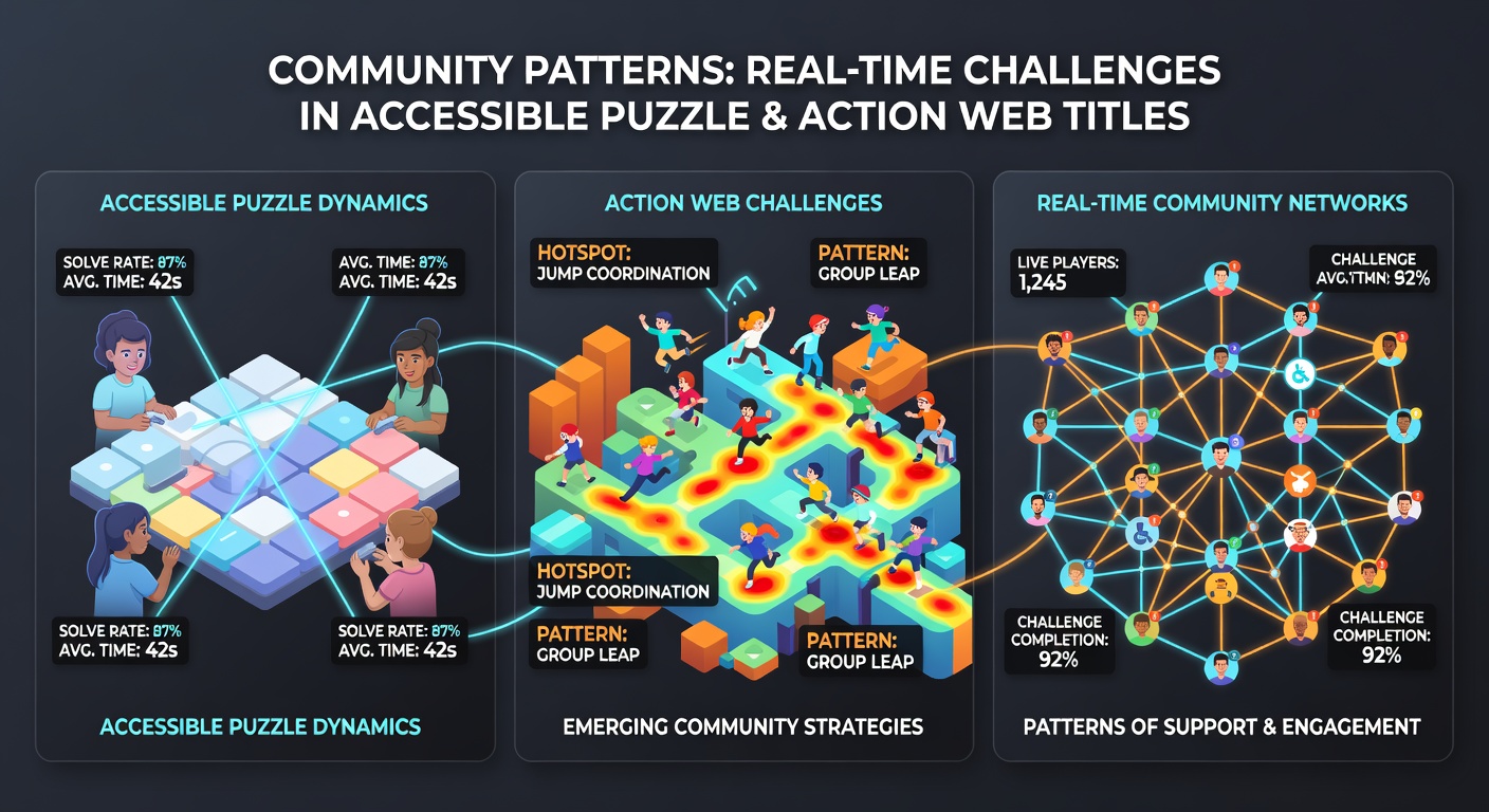 Diverse group of users engaging with real-time action elements on a free web-based puzzle platform