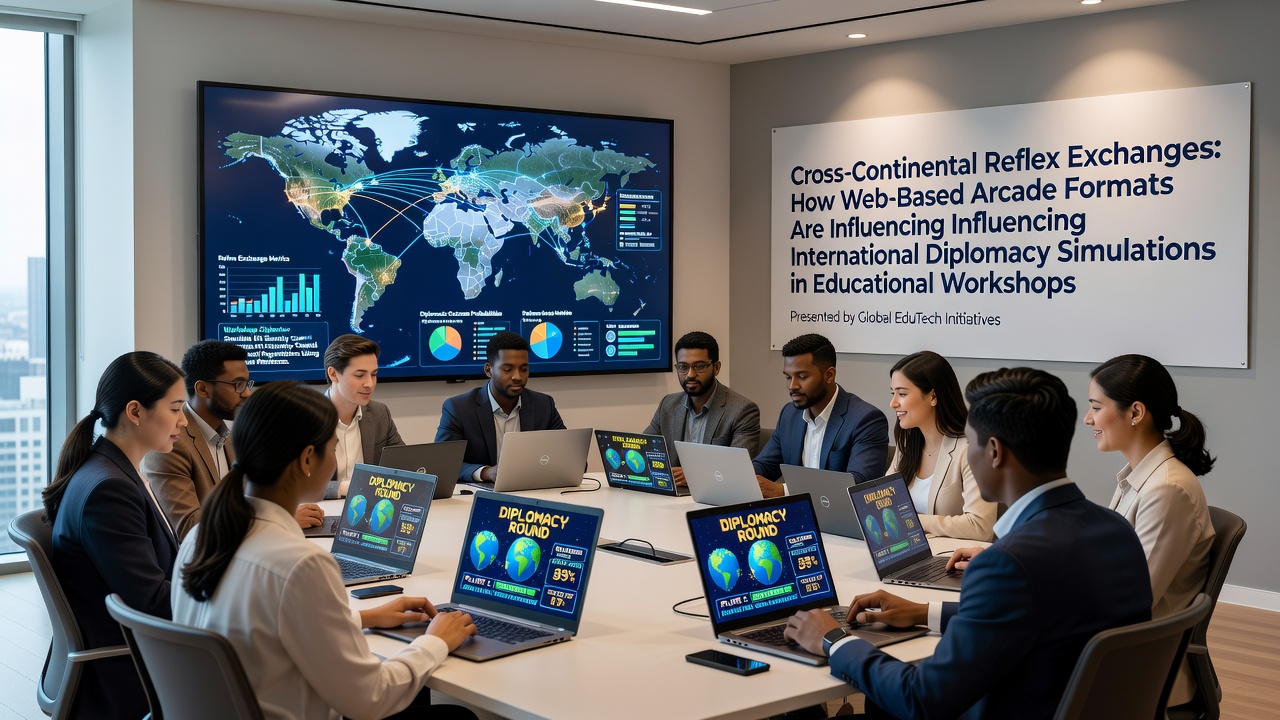 Web-based arcade interfaces displayed across multiple screens during a cross-continental educational workshop