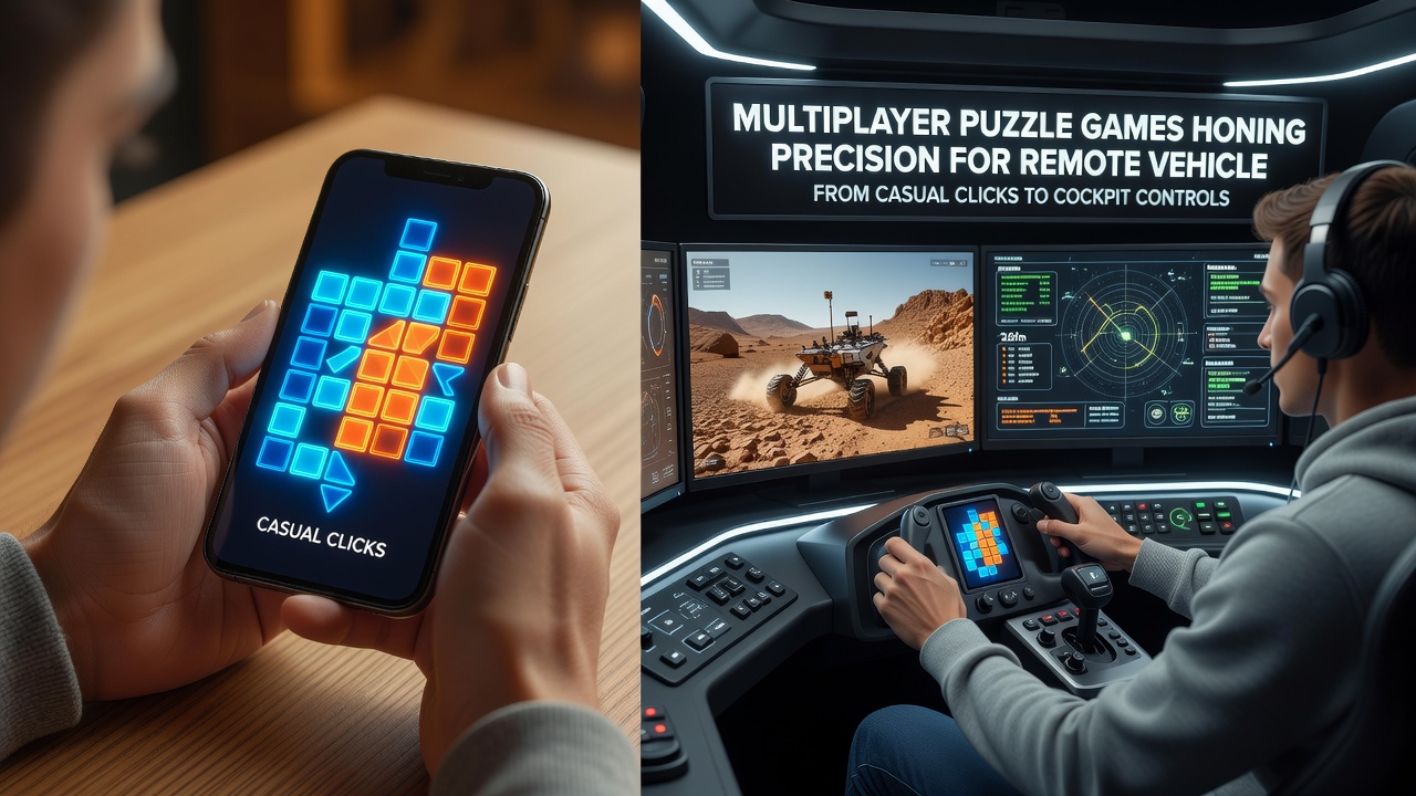 Remote vehicle operator using precision controls in a training simulation linked to puzzle game mechanics