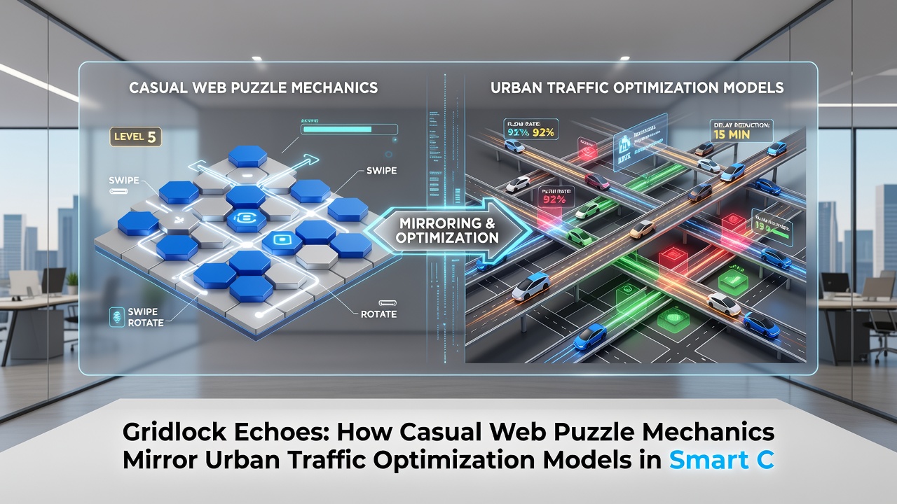 Urban intersection with overlaid traffic optimization graphics matching puzzle grid patterns