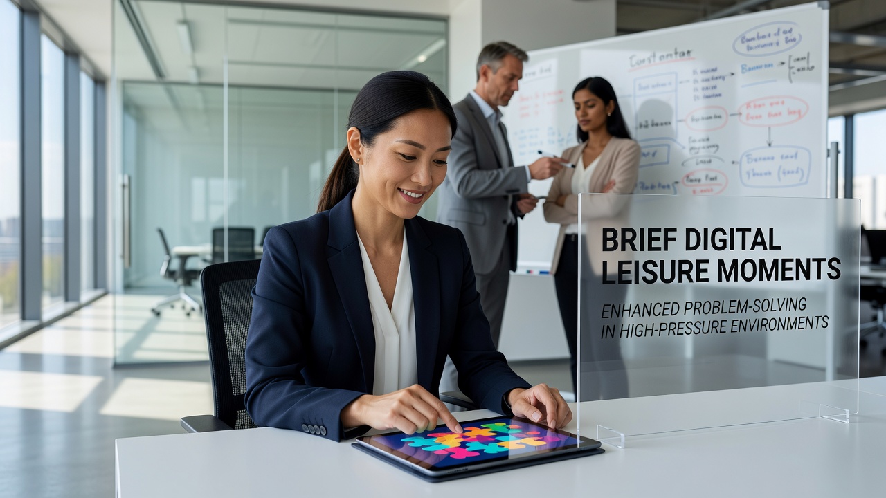 Team members using brief digital leisure tools to refresh focus during intense project meetings