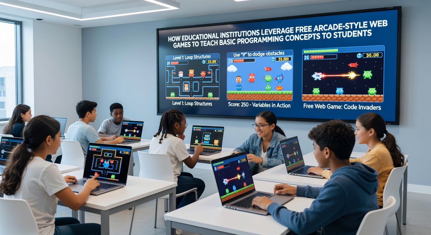 Students exploring an arcade-style web game interface during a classroom programming session