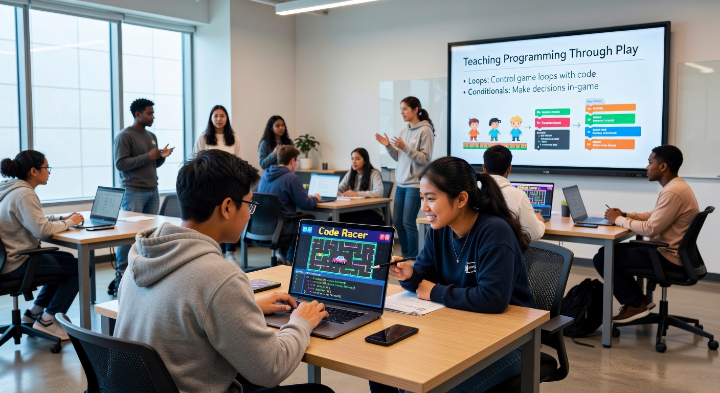 Teacher guiding students through code adjustments in a browser-based arcade game environment