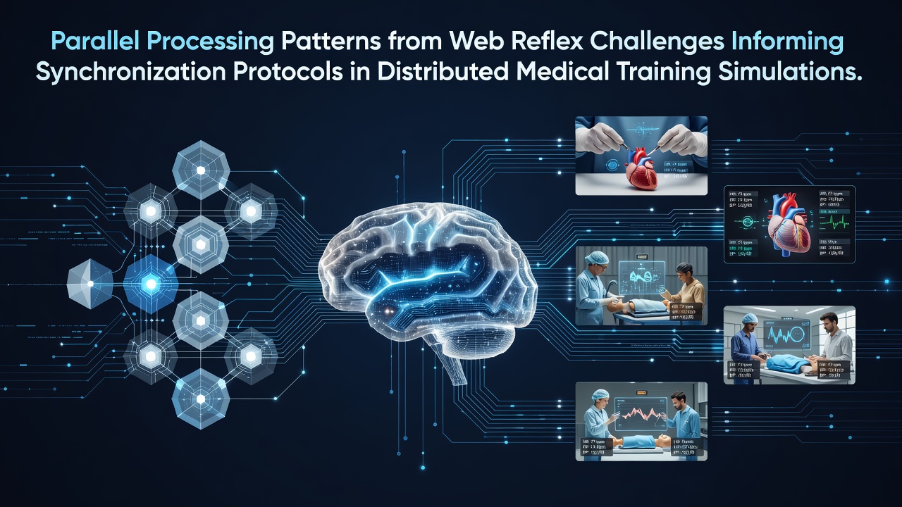 Network diagram showing parallel data streams from browser-based reflex games feeding into medical simulation synchronization layers