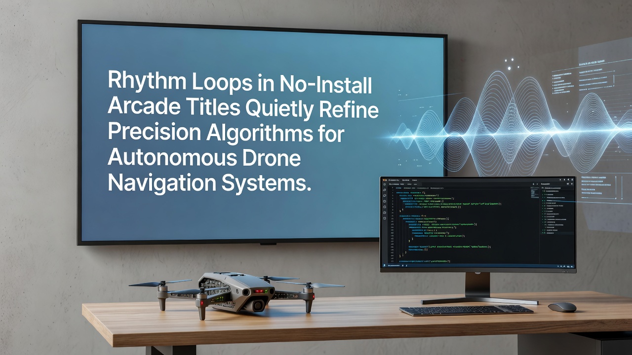 Rhythm loop mechanics displayed in a no-install HTML5 arcade game interface alongside drone navigation simulation overlays