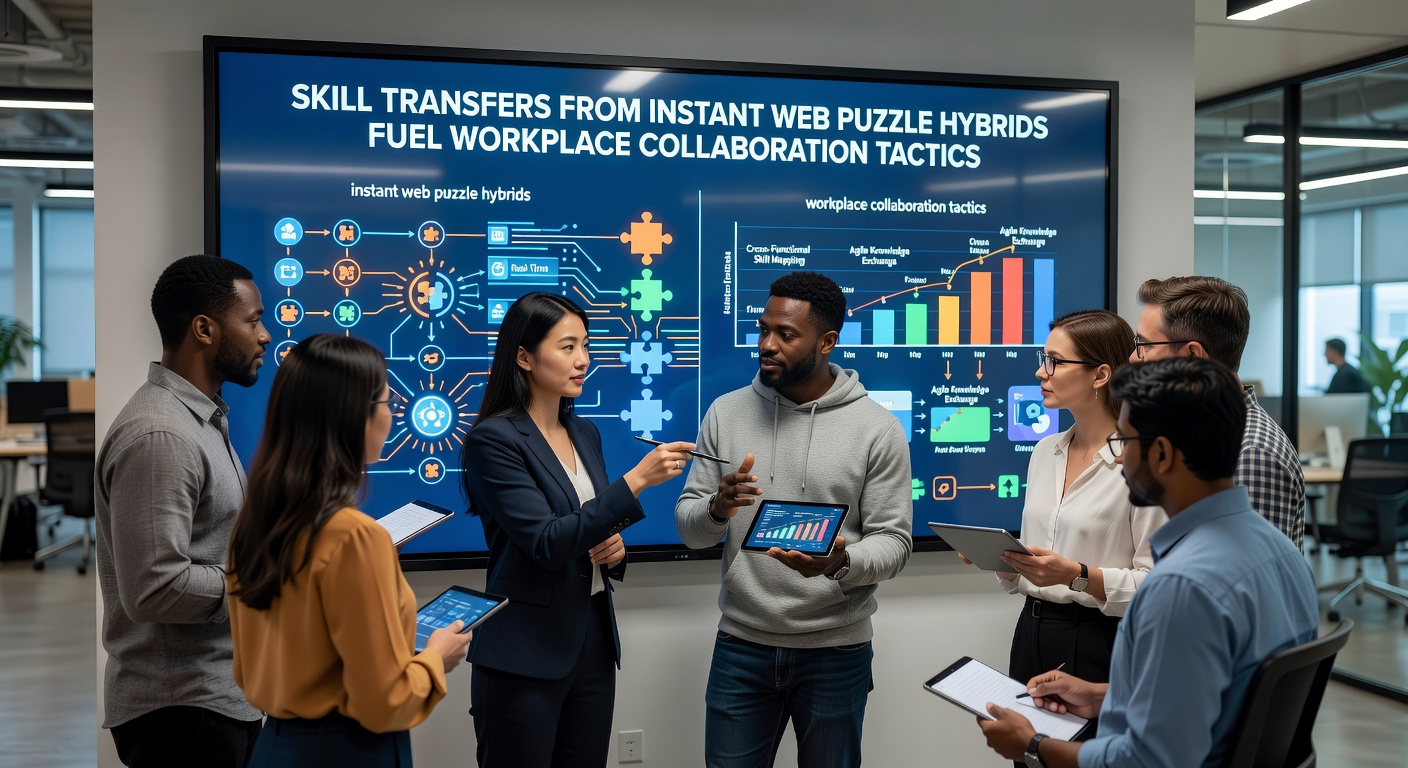 Illustration of browser-based puzzle interfaces overlaid with office collaboration diagrams showing skill pathways