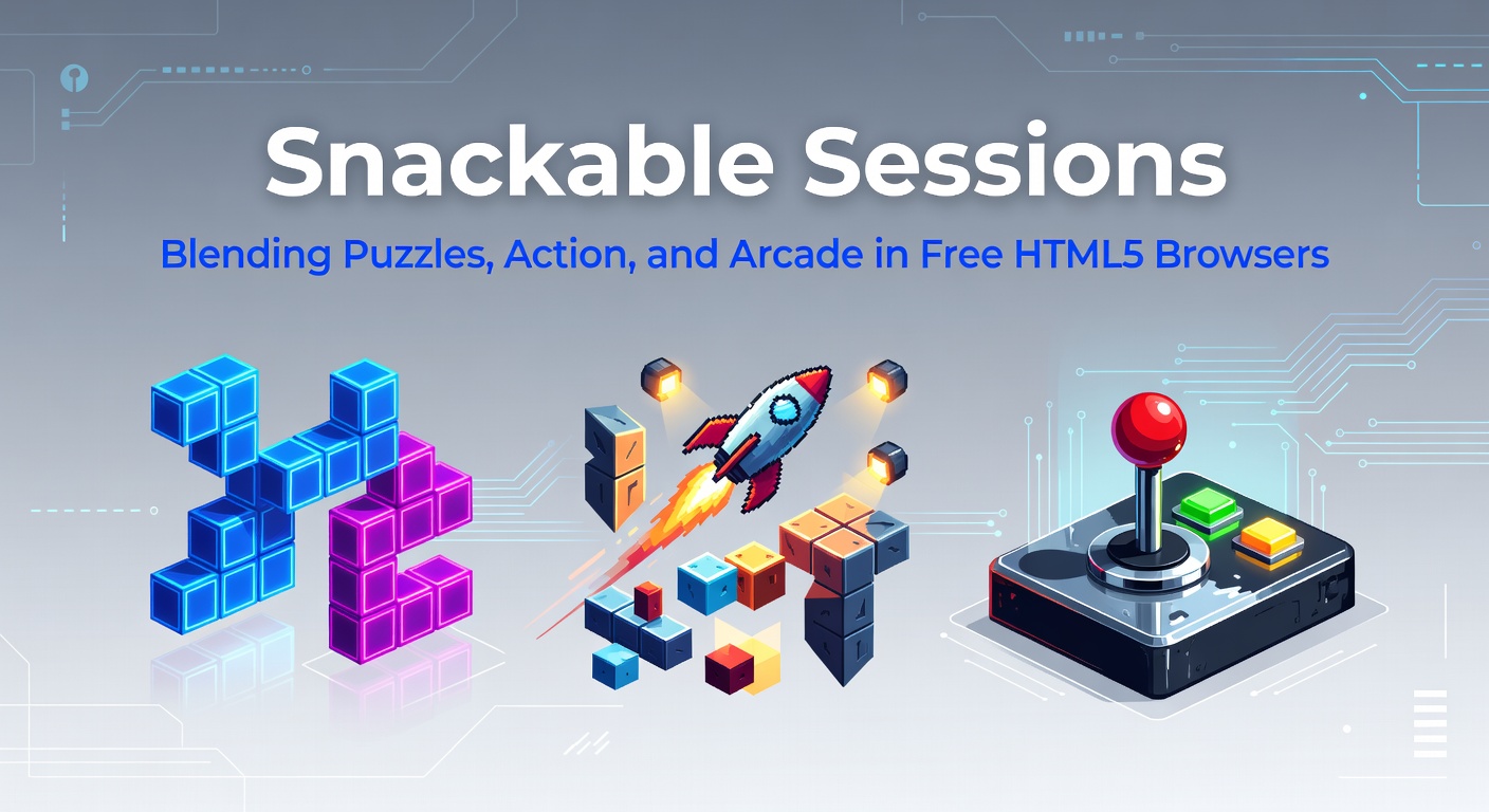 Vibrant screenshot of a hybrid puzzle-action-arcade game running seamlessly in a web browser, showing dynamic elements like falling blocks, jumping characters, and scoring combos