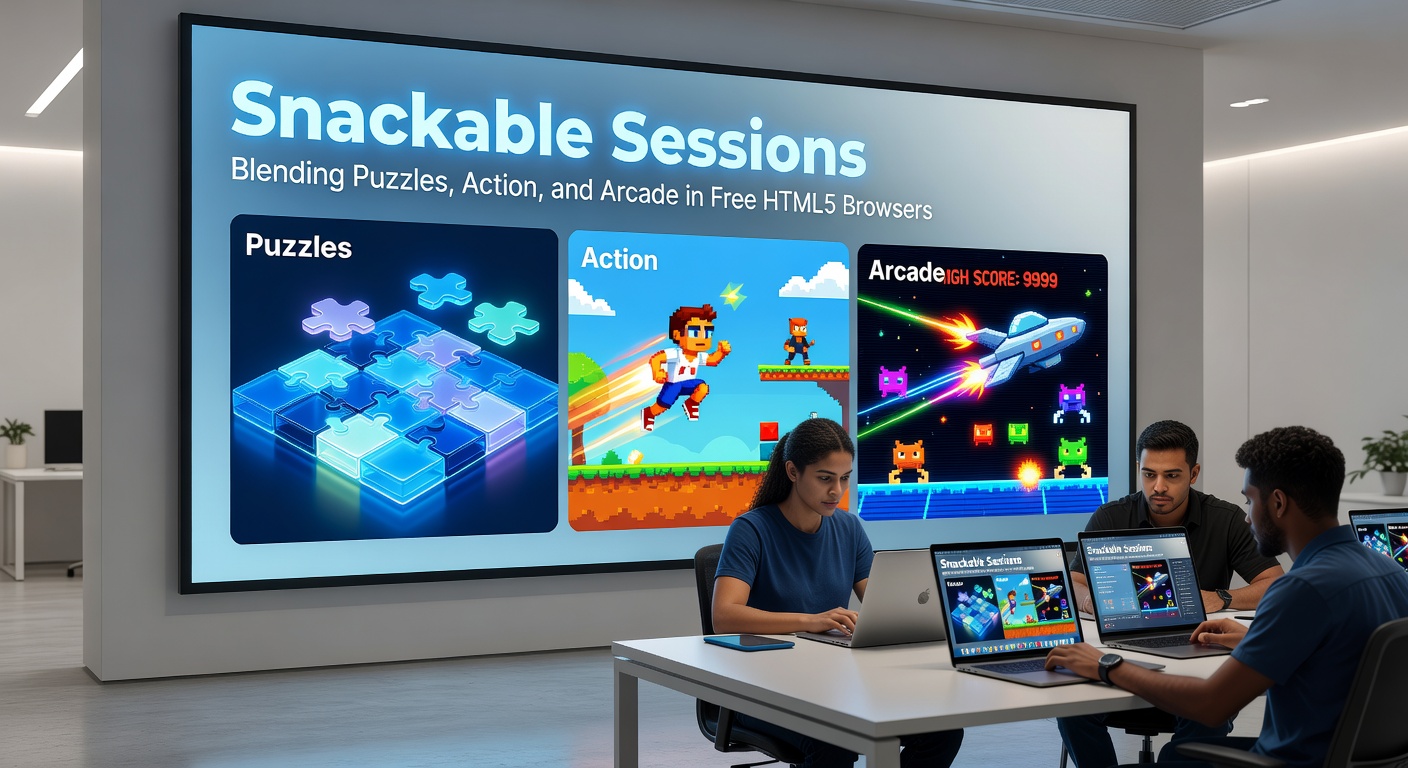 Close-up of a browser tab displaying an intense snackable game session, with puzzle pieces morphing into action platforms and arcade score exploding on screen