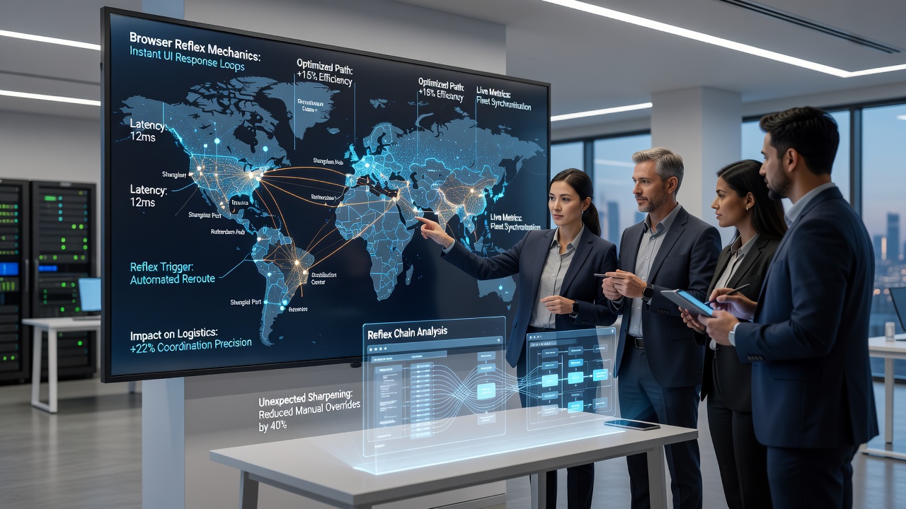 Supply chain coordination dashboard showing real-time timing metrics aligned with warehouse routing displays