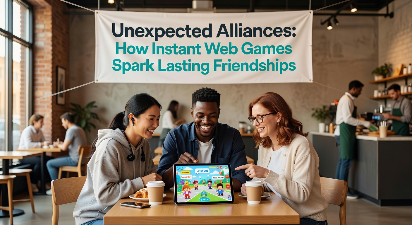 Players huddled around screens forming teams in a vibrant browser game lobby, laughter lines visible on their faces as alliances form instantly