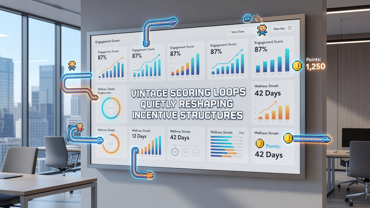 Vintage arcade scoring interface displayed alongside modern corporate wellness dashboard metrics